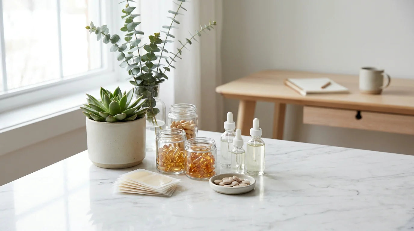 Modern wellness workspace with various supplement formats arranged on a marble surface