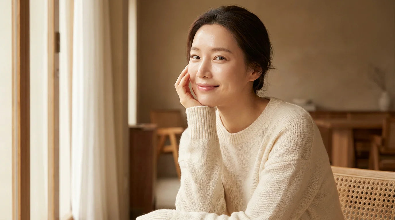 Woman with glowing radiant skin in soft natural light representing healthy skin from vitamins