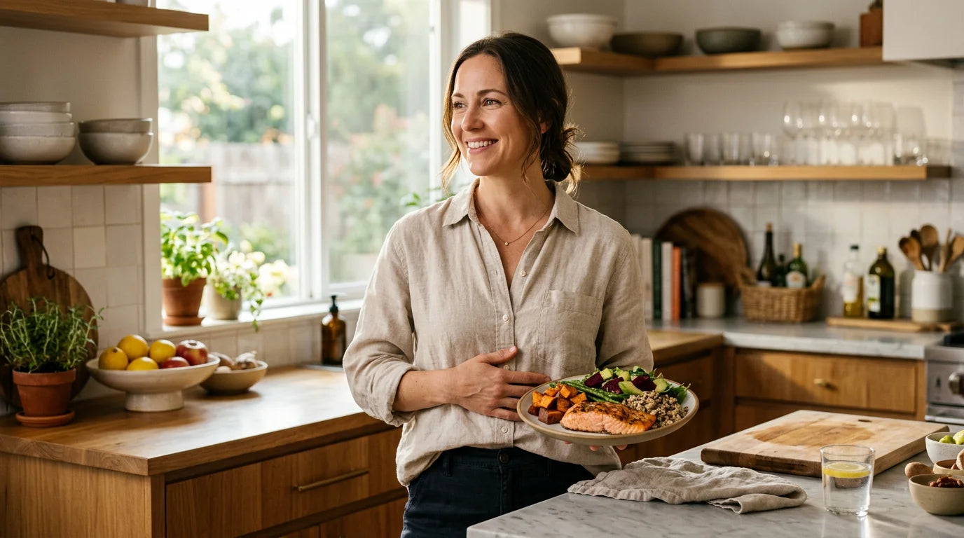 A person in a kitchen considering hunger during a calorie deficit