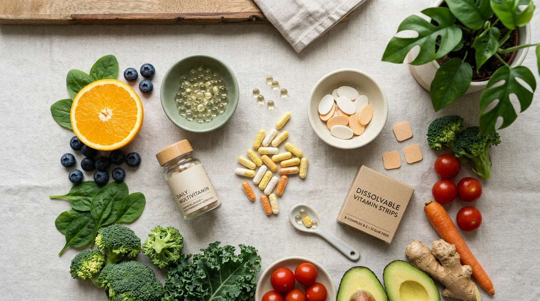 Flat lay of clean multivitamin formats alongside fresh fruits and vegetables