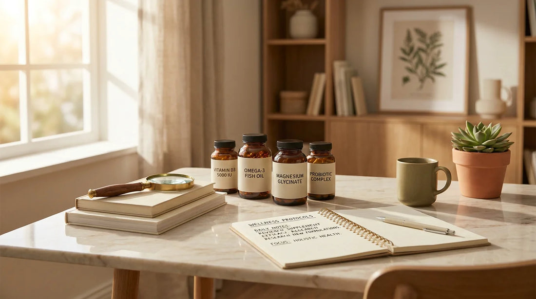 Organized wellness workspace with supplement bottles and a magnifying glass on a marble surface