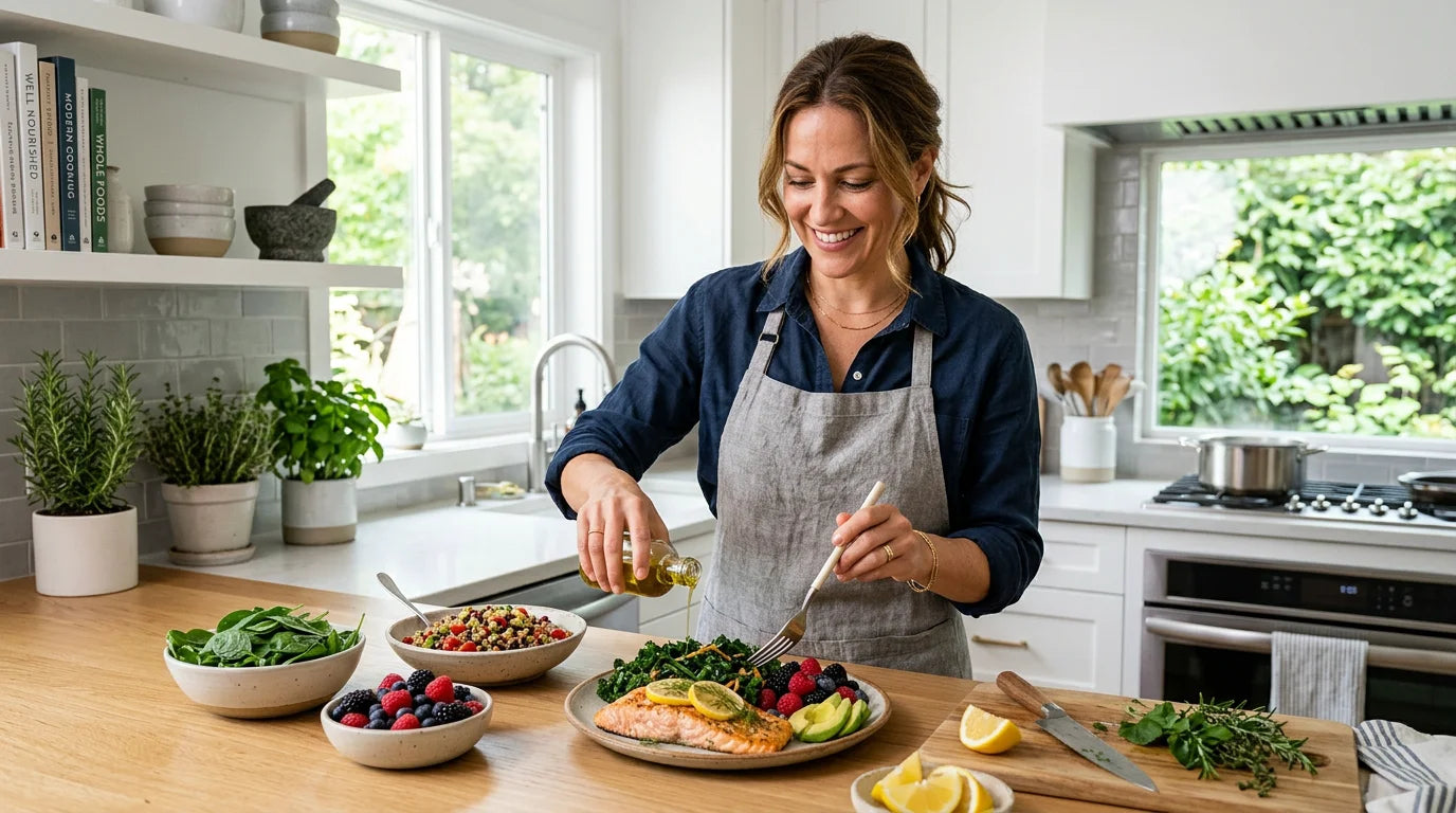 An adult preparing a healthy high-protein, high-fiber meal in a bright kitchen
