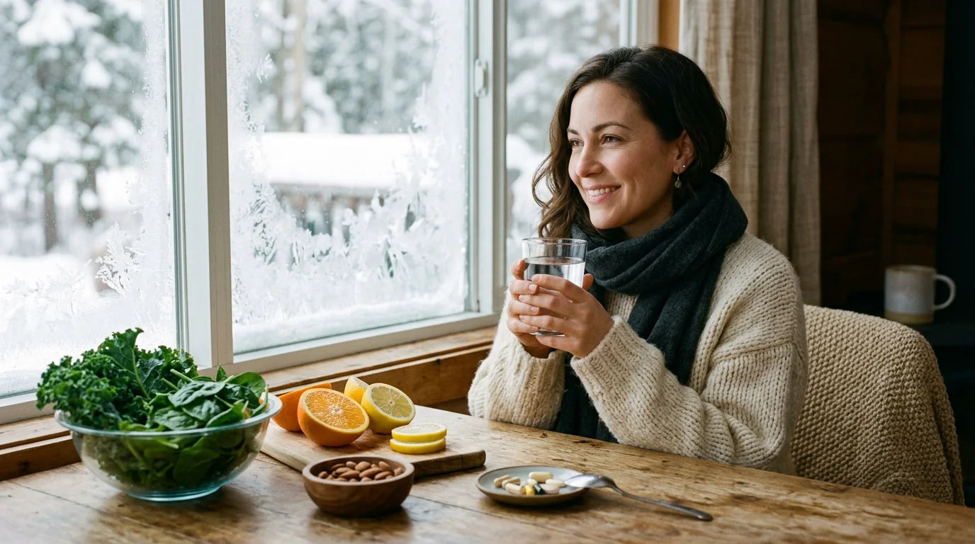 Person in a cozy sweater near a winter window with water, supplements, and fresh produce