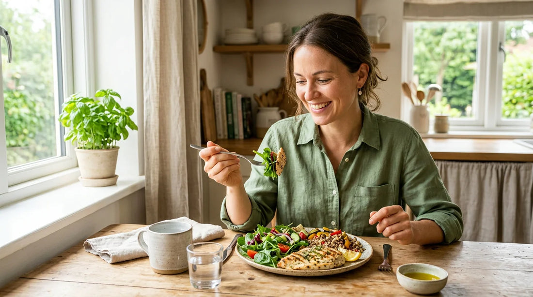 A person enjoying a balanced meal of protein, greens, and whole grains at a bright table