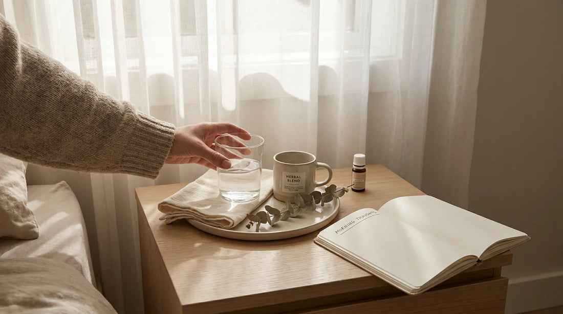 Calm morning scene with water glass and wellness items on a sunlit nightstand representing fatigue recovery