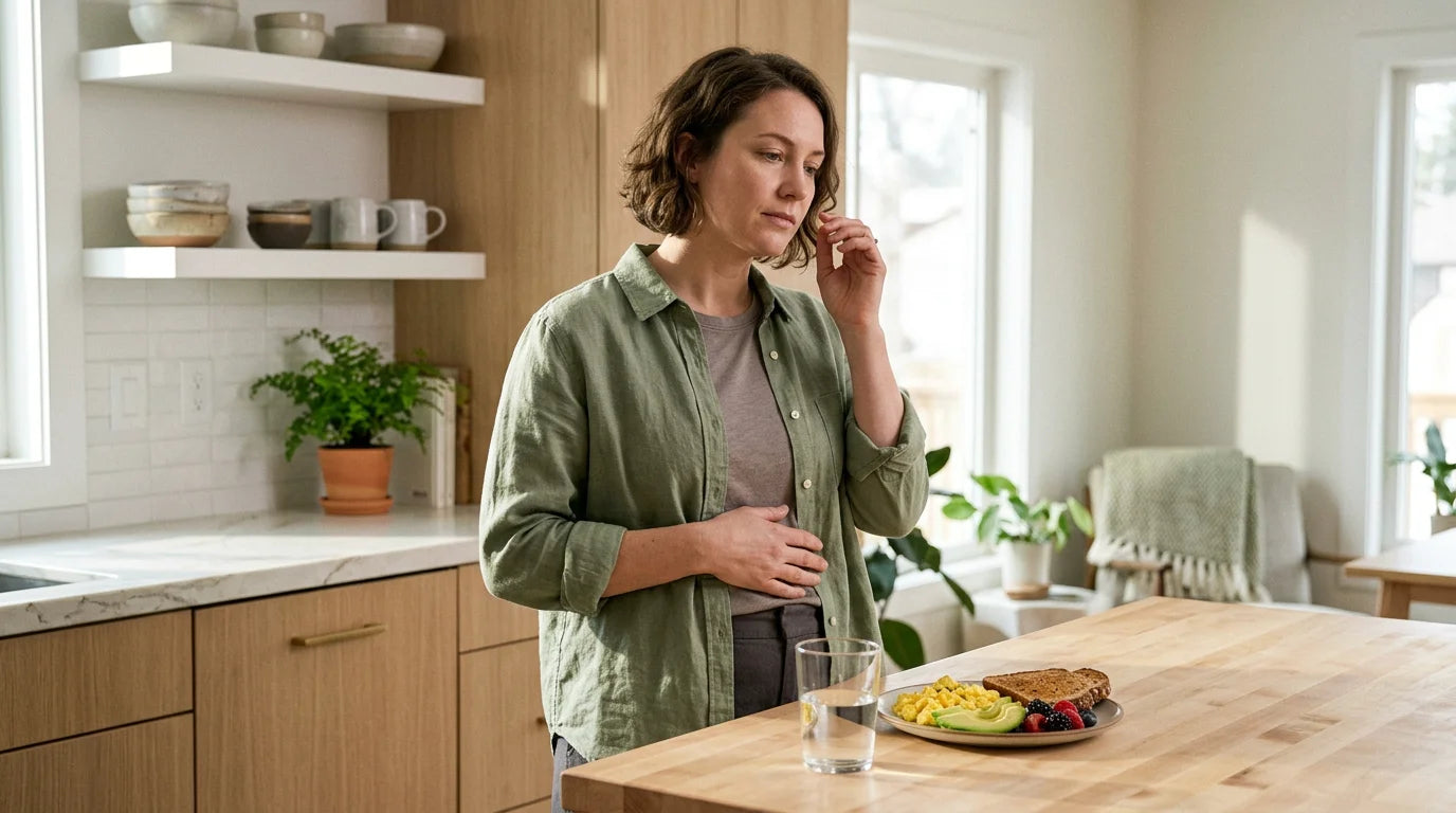 Adult reflecting on hunger signals in a bright kitchen with water and a balanced meal
