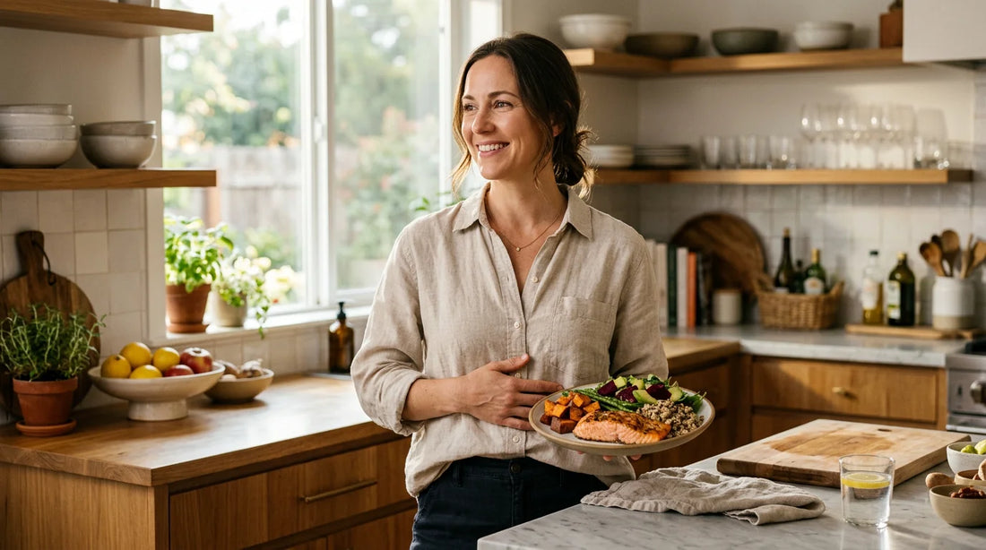 A person in a kitchen considering hunger during a calorie deficit