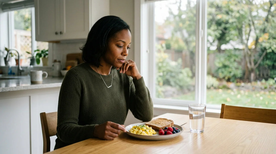A person practicing mindful eating with a balanced meal while managing hunger during a calorie deficit