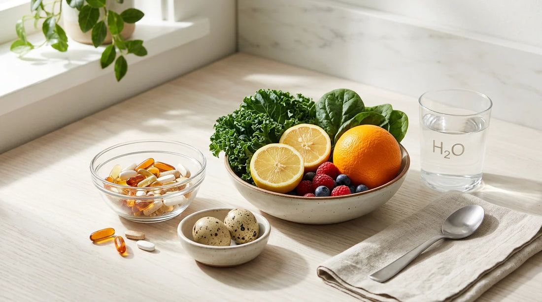 Morning vitamins arranged with fresh whole foods in natural light