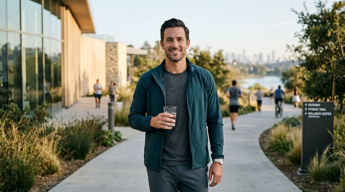 Man holding a glass of water outdoors in morning light representing a healthy vitamin routine