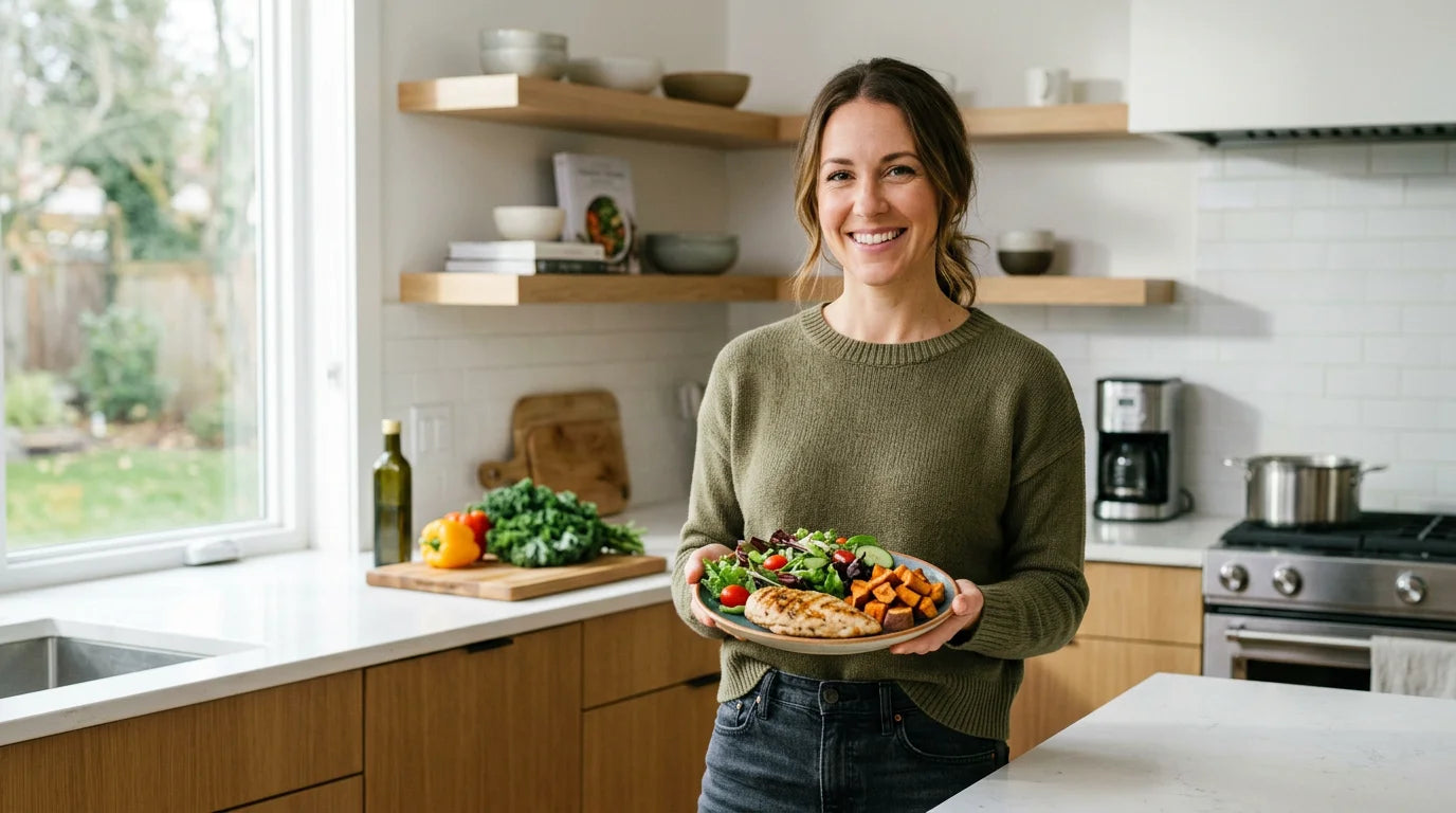 A healthy adult holding a balanced plate of food in a bright kitchen