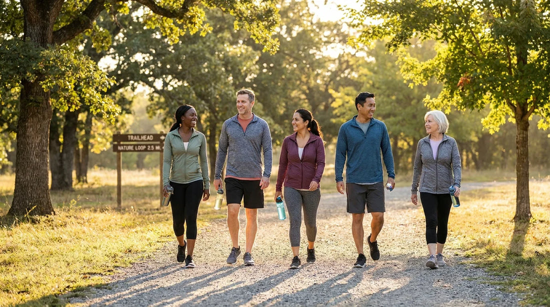 Healthy adults walking outdoors in a park representing immune health and vitality