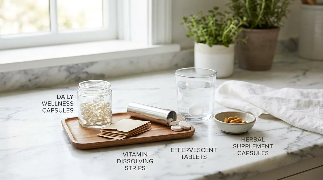 Assortment of dissolvable vitamin formats including strips, effervescent tablets, and capsules on a clean surface
