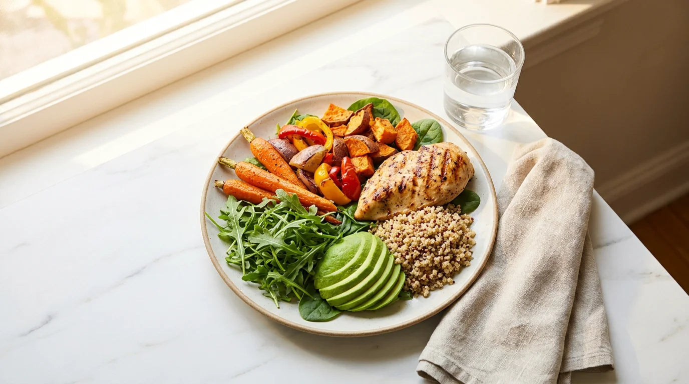 Balanced high-protein meal plate with lean chicken, vegetables, and healthy fats for calorie deficit hunger management