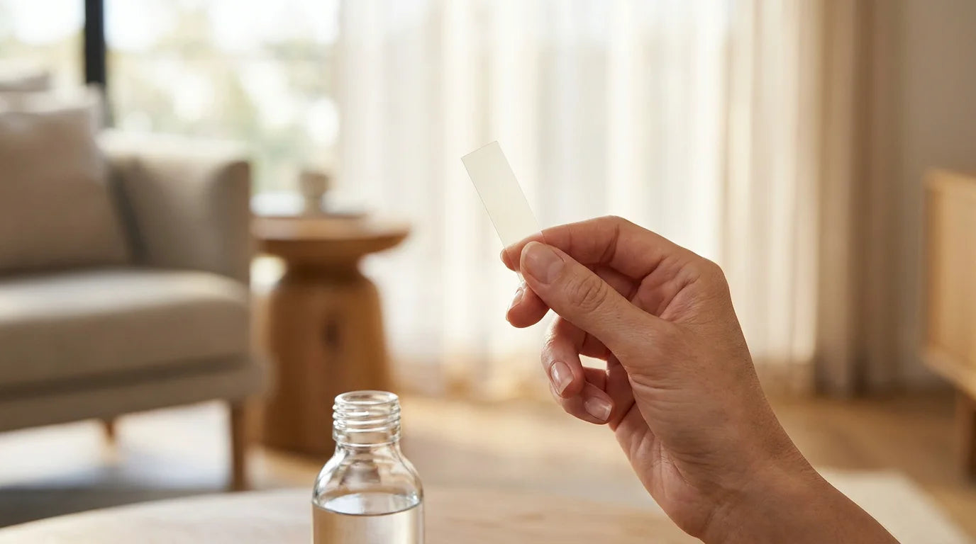 Hand holding a fast-dissolving oral supplement strip in a modern living space